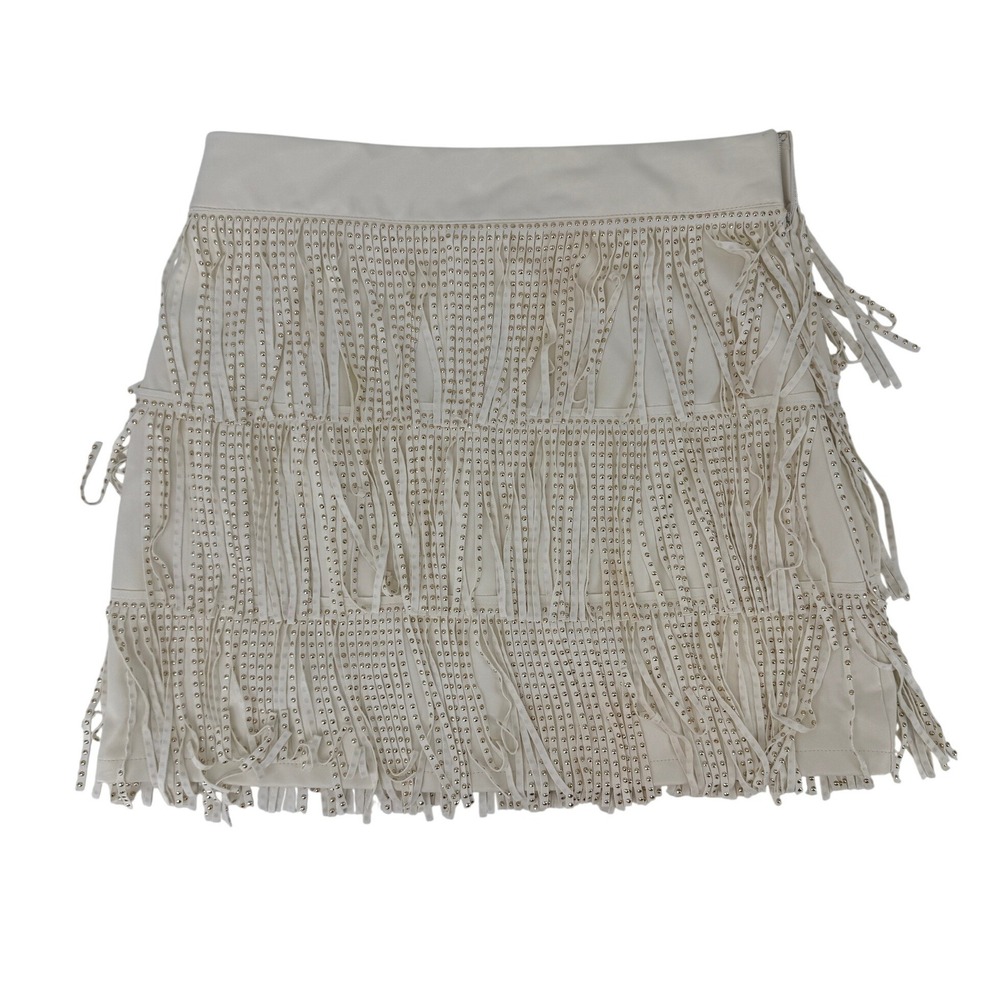 Blue B Collection White Faux Leather Studded Fringe Mini Skirt Western Boho M